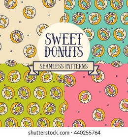 Set of colorful seamless backgrounds with cute doodle donuts, can be used as decor for bakery, vector illustration
