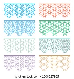Set of colorful seamless borders, line patterns. Tribal ethnic arabic, indian decorative ornaments, fashion lace collection. Isolated design elements for headline, banners, wedding invitation cards