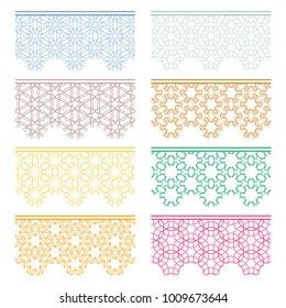 Set of colorful seamless borders, line patterns. Tribal ethnic arabic, indian decorative ornaments, fashion lace collection. Isolated design elements for headline, banners, wedding invitation cards