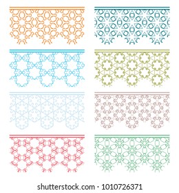 Set of colorful seamless borders, line patterns. Tribal ethnic arabic, indian decorative ornaments, fashion lace collection. Isolated design elements for headline, banners, wedding invitation cards