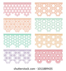 Set of colorful seamless borders, line patterns. Tribal ethnic arabic, indian decorative ornaments, fashion lace collection. Isolated design elements for headline, banners, wedding invitation cards