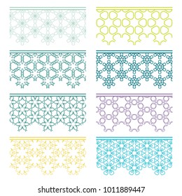 Set of colorful seamless borders, line patterns. Tribal ethnic arabic, indian decorative ornaments, fashion lace collection. Isolated design elements for headline, banners, wedding invitation cards