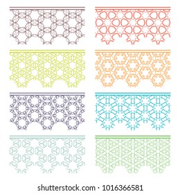 Set of colorful seamless borders, line patterns. Tribal ethnic arabic, indian decorative ornaments, fashion lace collection. Isolated design elements for headline, banners, wedding invitation cards