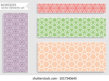 Set of colorful seamless borders, line patterns. Tribal ethnic arabic, indian decorative ornaments, fashion lace collection. Isolated design elements for headline, banners, wedding invitation cards
