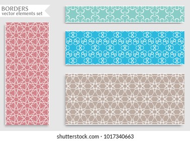 Set of colorful seamless borders, line patterns. Tribal ethnic arabic, indian decorative ornaments, fashion lace collection. Isolated design elements for headline, banners, wedding invitation cards