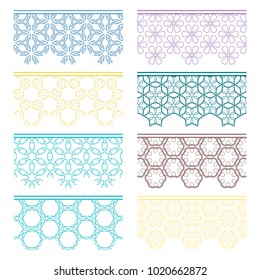 Set of colorful seamless borders, line patterns. Tribal ethnic arabic, indian decorative ornaments, fashion lace collection. Isolated design elements for headline, banners, wedding invitation cards