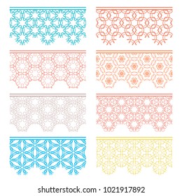 Set of colorful seamless borders, line patterns. Tribal ethnic arabic, indian decorative ornaments, fashion lace collection. Isolated design elements for headline, banners, wedding invitation cards
