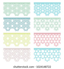 Set of colorful seamless borders, line patterns. Tribal ethnic arabic, indian decorative ornaments, fashion lace collection. Isolated design elements for headline, banners, wedding invitation cards
