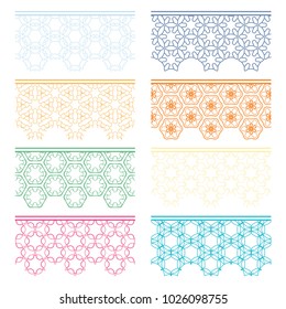 Set of colorful seamless borders, line patterns. Tribal ethnic arabic, indian decorative ornaments, fashion lace collection. Isolated design elements for headline, banners, wedding invitation cards