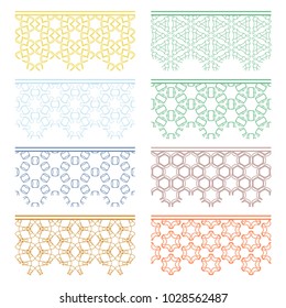 Set of colorful seamless borders, line patterns. Tribal ethnic arabic, indian decorative ornaments, fashion lace collection. Isolated design elements for headline, banners, wedding invitation cards