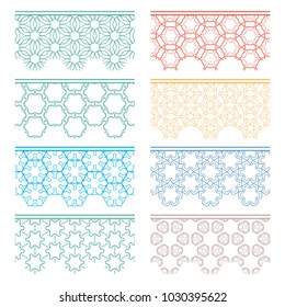 Set of colorful seamless borders, line patterns. Tribal ethnic arabic, indian decorative ornaments, fashion lace collection. Isolated design elements for headline, banners, wedding invitation cards