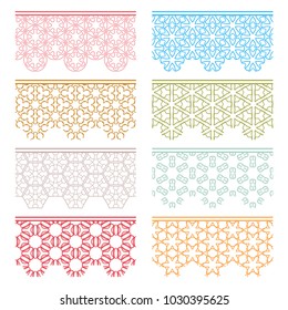 Set of colorful seamless borders, line patterns. Tribal ethnic arabic, indian decorative ornaments, fashion lace collection. Isolated design elements for headline, banners, wedding invitation cards