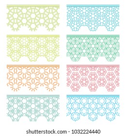 Set of colorful seamless borders, line patterns. Tribal ethnic arabic, indian decorative ornaments, fashion lace collection. Isolated design elements for headline, banners, wedding invitation cards