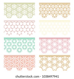 Set of colorful seamless borders, line patterns. Tribal ethnic arabic, indian decorative ornaments, fashion lace collection. Isolated design elements for headline, banners, wedding invitation cards