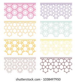 Set of colorful seamless borders, line patterns. Tribal ethnic arabic, indian decorative ornaments, fashion lace collection. Isolated design elements for headline, banners, wedding invitation cards