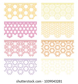 Set of colorful seamless borders, line patterns. Tribal ethnic arabic, indian decorative ornaments, fashion lace collection. Isolated design elements for headline, banners, wedding invitation cards