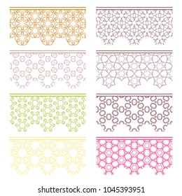 Set of colorful seamless borders, line patterns. Tribal ethnic arabic, indian decorative ornaments, fashion lace collection. Isolated design elements for headline, banners, wedding invitation cards