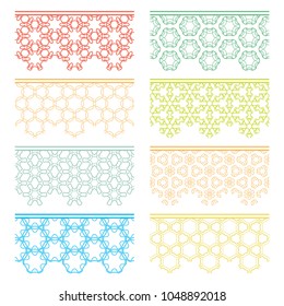Set of colorful seamless borders, line patterns. Tribal ethnic arabic, indian decorative ornaments, fashion lace collection. Isolated design elements for headline, banners, wedding invitation cards