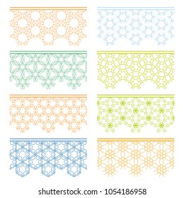 Set of colorful seamless borders, line patterns. Tribal ethnic arabic, indian decorative ornaments, fashion lace collection. Isolated design elements for headline, banners, wedding invitation cards