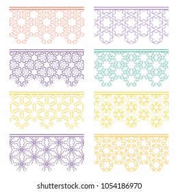 Set of colorful seamless borders, line patterns. Tribal ethnic arabic, indian decorative ornaments, fashion lace collection. Isolated design elements for headline, banners, wedding invitation cards