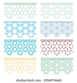 Set of colorful seamless borders, line patterns. Tribal ethnic arabic, indian decorative ornaments, fashion lace collection. Isolated design elements for headline, banners, wedding invitation cards