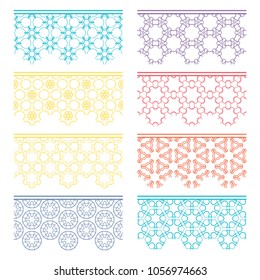 Set of colorful seamless borders, line patterns. Tribal ethnic arabic, indian decorative ornaments, fashion lace collection. Isolated design elements for headline, banners, wedding invitation cards