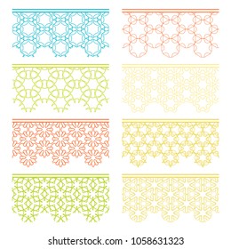 Set of colorful seamless borders, line patterns. Tribal ethnic arabic, indian decorative ornaments, fashion lace collection. Isolated design elements for headline, banners, wedding invitation cards