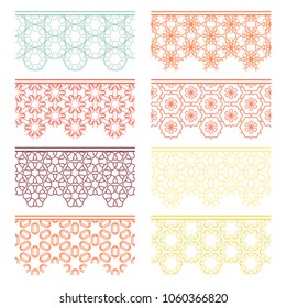 Set of colorful seamless borders, line patterns. Tribal ethnic arabic, indian decorative ornaments, fashion lace collection. Isolated design elements for headline, banners, wedding invitation cards