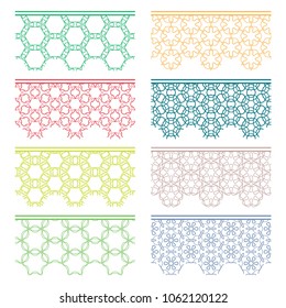 Set of colorful seamless borders, line patterns. Tribal ethnic arabic, indian decorative ornaments, fashion lace collection. Isolated design elements for headline, banners, wedding invitation cards