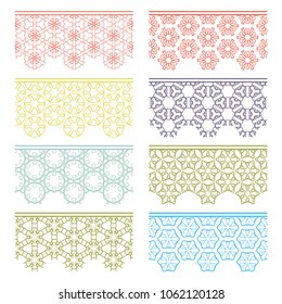 Set of colorful seamless borders, line patterns. Tribal ethnic arabic, indian decorative ornaments, fashion lace collection. Isolated design elements for headline, banners, wedding invitation cards