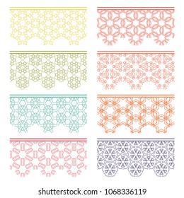 Set of colorful seamless borders, line patterns. Tribal ethnic arabic, indian decorative ornaments, fashion lace collection. Isolated design elements for headline, banners, wedding invitation cards