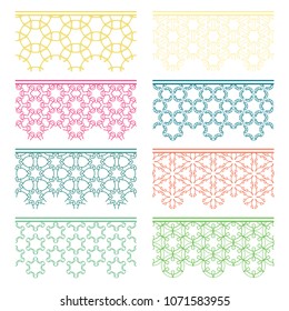 Set of colorful seamless borders, line patterns. Tribal ethnic arabic, indian decorative ornaments, fashion lace collection. Isolated design elements for headline, banners, wedding invitation cards