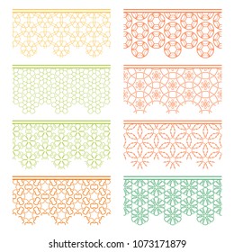 Set of colorful seamless borders, line patterns. Tribal ethnic arabic, indian decorative ornaments, fashion lace collection. Isolated design elements for headline, banners, wedding invitation cards