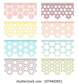 Set of colorful seamless borders, line patterns. Tribal ethnic arabic, indian decorative ornaments, fashion lace collection. Isolated design elements for headline, banners, wedding invitation cards