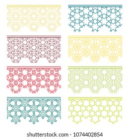 Set of colorful seamless borders, line patterns. Tribal ethnic arabic, indian decorative ornaments, fashion lace collection. Isolated design elements for headline, banners, wedding invitation cards