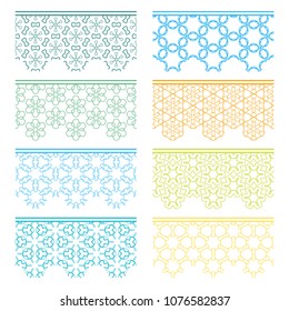 Set of colorful seamless borders, line patterns. Tribal ethnic arabic, indian decorative ornaments, fashion lace collection. Isolated design elements for headline, banners, wedding invitation cards