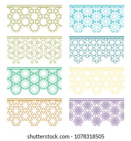 Set of colorful seamless borders, line patterns. Tribal ethnic arabic, indian decorative ornaments, fashion lace collection. Isolated design elements for headline, banners, wedding invitation cards