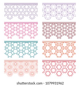 Set of colorful seamless borders, line patterns. Tribal ethnic arabic, indian decorative ornaments, fashion lace collection. Isolated design elements for headline, banners, wedding invitation cards