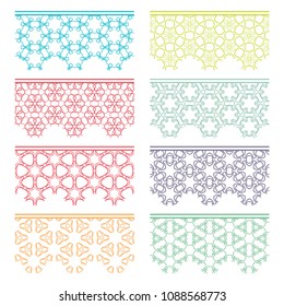 Set of colorful seamless borders, line patterns. Tribal ethnic arabic, indian decorative ornaments, fashion lace collection. Isolated design elements for headline, banners, wedding invitation cards