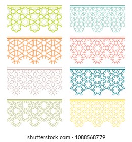 Set of colorful seamless borders, line patterns. Tribal ethnic arabic, indian decorative ornaments, fashion lace collection. Isolated design elements for headline, banners, wedding invitation cards