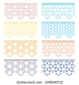 Set of colorful seamless borders, line patterns. Tribal ethnic arabic, indian decorative ornaments, fashion lace collection. Isolated design elements for headline, banners, wedding invitation cards
