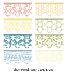 Set of colorful seamless borders, line patterns. Tribal ethnic arabic, indian decorative ornaments, fashion lace collection. Isolated design elements for headline, banners, wedding invitation cards