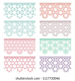 Set of colorful seamless borders, line patterns. Tribal ethnic arabic, indian decorative ornaments, fashion lace collection. Isolated design elements for headline, banners, wedding invitation cards