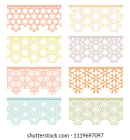 Set of colorful seamless borders, line patterns. Tribal ethnic arabic, indian decorative ornaments, fashion lace collection. Isolated design elements for headline, banners, wedding invitation cards