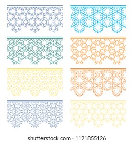 Set of colorful seamless borders, line patterns. Tribal ethnic arabic, indian decorative ornaments, fashion lace collection. Isolated design elements for headline, banners, wedding invitation cards
