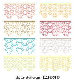 Set of colorful seamless borders, line patterns. Tribal ethnic arabic, indian decorative ornaments, fashion lace collection. Isolated design elements for headline, banners, wedding invitation cards
