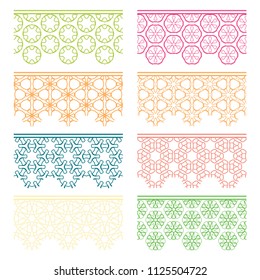 Set of colorful seamless borders, line patterns. Tribal ethnic arabic, indian decorative ornaments, fashion lace collection. Isolated design elements for headline, banners, wedding invitation cards