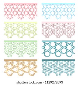 Set of colorful seamless borders, line patterns. Tribal ethnic arabic, indian decorative ornaments, fashion lace collection. Isolated design elements for headline, banners, wedding invitation cards