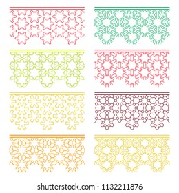 Set of colorful seamless borders, line patterns. Tribal ethnic arabic, indian decorative ornaments, fashion lace collection. Isolated design elements for headline, banners, wedding invitation cards