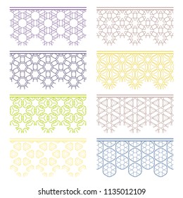 Set of colorful seamless borders, line patterns. Tribal ethnic arabic, indian decorative ornaments, fashion lace collection. Isolated design elements for headline, banners, wedding invitation cards